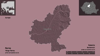 Mures 'in şekli, Romanya eyaleti ve başkenti. Uzaklık ölçeği, ön gösterimler ve etiketler. Renkli yükseklik haritası. 3B görüntüleme