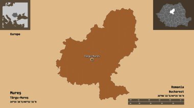 Mures 'in şekli, Romanya eyaleti ve başkenti. Uzaklık ölçeği, ön gösterimler ve etiketler. Düzenli desenli dokuların bileşimi. 3B görüntüleme