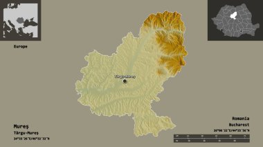 Mures 'in şekli, Romanya eyaleti ve başkenti. Uzaklık ölçeği, ön gösterimler ve etiketler. Topografik yardım haritası. 3B görüntüleme