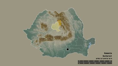 Romanya 'nın başkenti, ana bölgesel bölünmesi ve bölünmüş Mures bölgesiyle deforme olmuş hali. Etiketler. Topografik yardım haritası. 3B görüntüleme