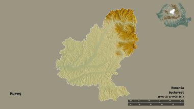 Romanya 'nın Mures ilçesi, başkenti sağlam arka planda izole edilmiş. Uzaklık ölçeği, bölge önizlemesi ve etiketleri. Topografik yardım haritası. 3B görüntüleme