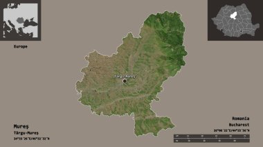 Mures 'in şekli, Romanya eyaleti ve başkenti. Uzaklık ölçeği, ön gösterimler ve etiketler. Uydu görüntüleri. 3B görüntüleme