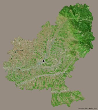 Romanya 'nın Mures ilçesi, başkenti katı renk arka planına izole edilmiş durumda. Uydu görüntüleri. 3B görüntüleme