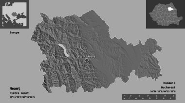 Romanya 'nın Neamt ilçesi ve başkenti. Uzaklık ölçeği, ön gösterimler ve etiketler. Çift seviyeli yükseklik haritası. 3B görüntüleme