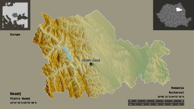 Romanya 'nın Neamt ilçesi ve başkenti. Uzaklık ölçeği, ön gösterimler ve etiketler. Topografik yardım haritası. 3B görüntüleme