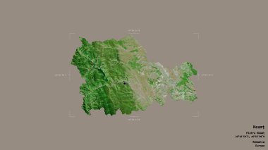Romanya 'nın Neamt ilçesi bir jeoreferatlı sınır kutusunda sağlam bir arka planda izole edilmiş. Etiketler. Uydu görüntüleri. 3B görüntüleme