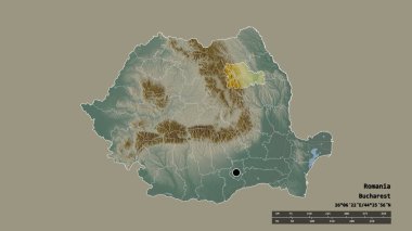 Romanya 'nın sermayesi, ana bölgesel bölünmesi ve bölünmüş Neamt alanıyla deforme olmuş hali. Etiketler. Topografik yardım haritası. 3B görüntüleme