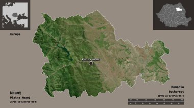 Romanya 'nın Neamt ilçesi ve başkenti. Uzaklık ölçeği, ön gösterimler ve etiketler. Uydu görüntüleri. 3B görüntüleme