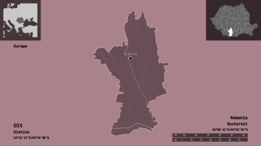 Romanya 'nın Olt ilçesi ve başkenti. Uzaklık ölçeği, ön gösterimler ve etiketler. Renkli yükseklik haritası. 3B görüntüleme