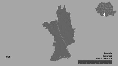 Romanya 'nın Olt ilçesinin başkenti sağlam bir zemin üzerinde izole edilmiştir. Uzaklık ölçeği, bölge önizlemesi ve etiketleri. Çift seviyeli yükseklik haritası. 3B görüntüleme
