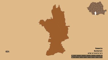 Romanya 'nın Olt ilçesinin başkenti sağlam bir zemin üzerinde izole edilmiştir. Uzaklık ölçeği, bölge önizlemesi ve etiketleri. Düzenli desenli dokuların bileşimi. 3B görüntüleme
