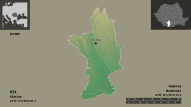 Romanya 'nın Olt ilçesi ve başkenti. Uzaklık ölçeği, ön gösterimler ve etiketler. Topografik yardım haritası. 3B görüntüleme