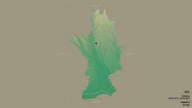 Romanya 'nın Olt ilçesi, jeoreferatlı bir sınır kutusunun sağlam bir arka planında izole edilmiş. Etiketler. Topografik yardım haritası. 3B görüntüleme