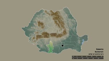 Romanya 'nın başkenti, ana bölgesel bölünmesi ve bölünmüş Olt bölgesiyle dejenere bir şekli. Etiketler. Topografik yardım haritası. 3B görüntüleme