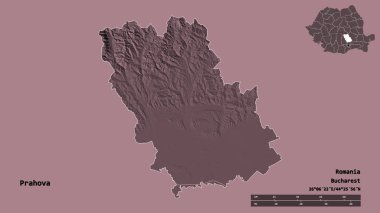 Romanya 'nın Prahova kenti, başkenti sağlam bir zemin üzerinde izole edilmiştir. Uzaklık ölçeği, bölge önizlemesi ve etiketleri. Renkli yükseklik haritası. 3B görüntüleme
