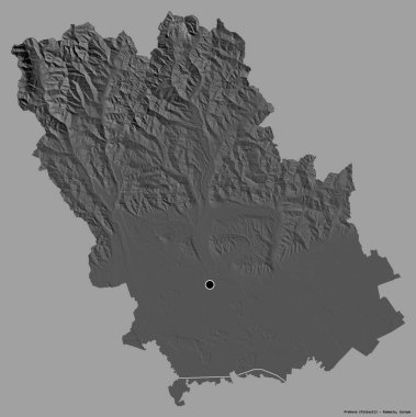Romanya 'nın Prahova kenti, başkenti katı renk arka planına izole edilmiş durumda. Çift seviyeli yükseklik haritası. 3B görüntüleme