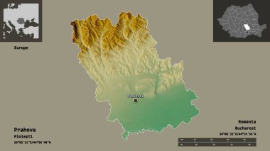 Prahova 'nın şekli, Romanya eyaleti ve başkenti. Uzaklık ölçeği, ön gösterimler ve etiketler. Topografik yardım haritası. 3B görüntüleme