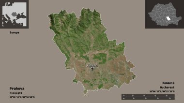 Prahova 'nın şekli, Romanya eyaleti ve başkenti. Uzaklık ölçeği, ön gösterimler ve etiketler. Uydu görüntüleri. 3B görüntüleme