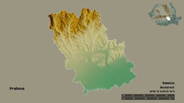 Romanya 'nın Prahova kenti, başkenti sağlam bir zemin üzerinde izole edilmiştir. Uzaklık ölçeği, bölge önizlemesi ve etiketleri. Topografik yardım haritası. 3B görüntüleme