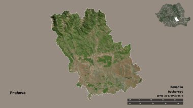 Romanya 'nın Prahova kenti, başkenti sağlam bir zemin üzerinde izole edilmiştir. Uzaklık ölçeği, bölge önizlemesi ve etiketleri. Uydu görüntüleri. 3B görüntüleme