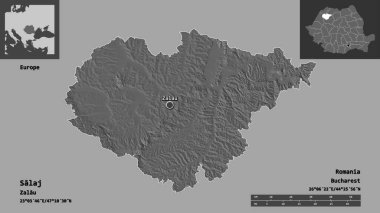Romanya 'nın Salaj ilçesi ve başkenti. Uzaklık ölçeği, ön gösterimler ve etiketler. Çift seviyeli yükseklik haritası. 3B görüntüleme
