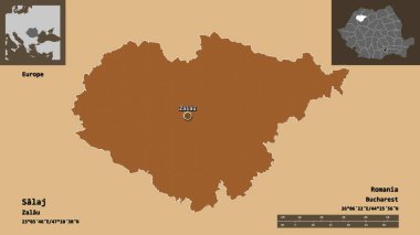 Romanya 'nın Salaj ilçesi ve başkenti. Uzaklık ölçeği, ön gösterimler ve etiketler. Düzenli desenli dokuların bileşimi. 3B görüntüleme