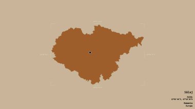 Romanya 'nın Salaj ilçesi bölgesi, jeoreferatlı bir sınır kutusunun sağlam bir arka planında izole edilmiş durumda. Etiketler. Desenli dokuların bileşimi. 3B görüntüleme