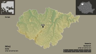 Romanya 'nın Salaj ilçesi ve başkenti. Uzaklık ölçeği, ön gösterimler ve etiketler. Topografik yardım haritası. 3B görüntüleme