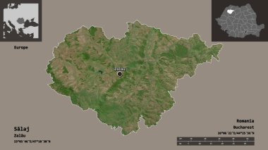 Romanya 'nın Salaj ilçesi ve başkenti. Uzaklık ölçeği, ön gösterimler ve etiketler. Uydu görüntüleri. 3B görüntüleme