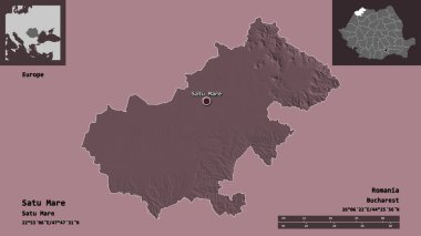 Romanya 'nın Satu Mare ilçesi ve başkenti. Uzaklık ölçeği, ön gösterimler ve etiketler. Renkli yükseklik haritası. 3B görüntüleme