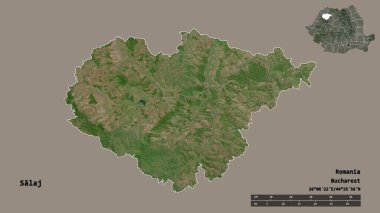 Romanya 'nın Salaj ilçesi, başkenti sağlam bir zemin üzerinde izole edilmiş durumda. Uzaklık ölçeği, bölge önizlemesi ve etiketleri. Uydu görüntüleri. 3B görüntüleme