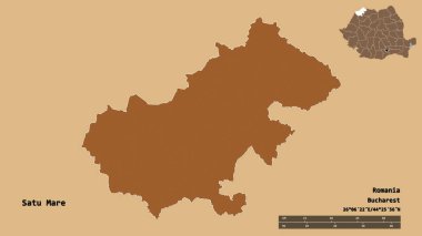 Romanya 'nın Satu Mare ilçesinin başkenti sağlam bir zemin üzerinde izole edilmiştir. Uzaklık ölçeği, bölge önizlemesi ve etiketleri. Düzenli desenli dokuların bileşimi. 3B görüntüleme