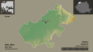 Romanya 'nın Satu Mare ilçesi ve başkenti. Uzaklık ölçeği, ön gösterimler ve etiketler. Topografik yardım haritası. 3B görüntüleme