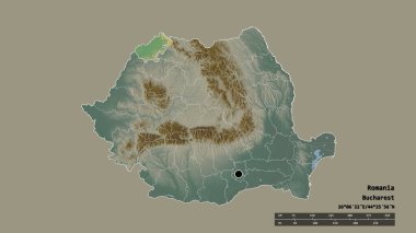 Romanya 'nın başkenti, ana bölgesel bölünmesi ve ayrılmış Satu Mare alanıyla deforme olmuş hali. Etiketler. Topografik yardım haritası. 3B görüntüleme
