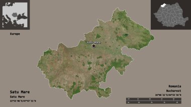 Romanya 'nın Satu Mare ilçesi ve başkenti. Uzaklık ölçeği, ön gösterimler ve etiketler. Uydu görüntüleri. 3B görüntüleme