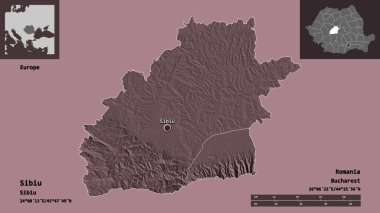 Romanya 'nın Sibiu ilçesi ve başkenti. Uzaklık ölçeği, ön gösterimler ve etiketler. Renkli yükseklik haritası. 3B görüntüleme