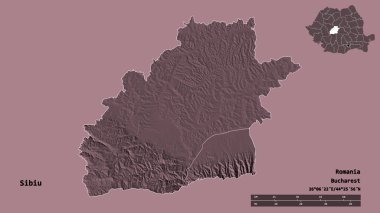 Romanya 'nın Sibiu ilçesinin başkenti sağlam bir zemin üzerinde izole edilmiştir. Uzaklık ölçeği, bölge önizlemesi ve etiketleri. Renkli yükseklik haritası. 3B görüntüleme