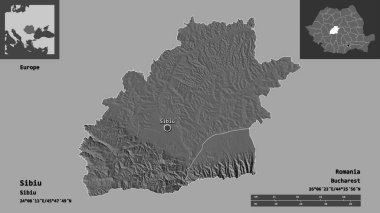 Romanya 'nın Sibiu ilçesi ve başkenti. Uzaklık ölçeği, ön gösterimler ve etiketler. Çift seviyeli yükseklik haritası. 3B görüntüleme