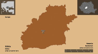Romanya 'nın Sibiu ilçesi ve başkenti. Uzaklık ölçeği, ön gösterimler ve etiketler. Düzenli desenli dokuların bileşimi. 3B görüntüleme