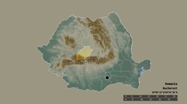 Romanya 'nın başkenti, ana bölgesel bölünmesi ve bölünmüş Sibiu alanıyla deforme olmuş hali. Etiketler. Topografik yardım haritası. 3B görüntüleme
