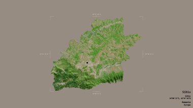 Romanya 'nın Sibiu ilçesi bölgesi, jeoreferatlı bir sınır kutusunun sağlam bir arka planında izole edilmiş durumda. Etiketler. Uydu görüntüleri. 3B görüntüleme