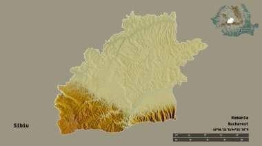 Romanya 'nın Sibiu ilçesinin başkenti sağlam bir zemin üzerinde izole edilmiştir. Uzaklık ölçeği, bölge önizlemesi ve etiketleri. Topografik yardım haritası. 3B görüntüleme