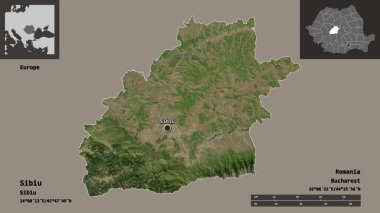 Romanya 'nın Sibiu ilçesi ve başkenti. Uzaklık ölçeği, ön gösterimler ve etiketler. Uydu görüntüleri. 3B görüntüleme