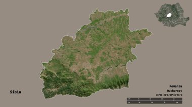 Romanya 'nın Sibiu ilçesinin başkenti sağlam bir zemin üzerinde izole edilmiştir. Uzaklık ölçeği, bölge önizlemesi ve etiketleri. Uydu görüntüleri. 3B görüntüleme