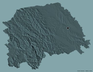 Romanya 'nın Suceava ilçesi, başkenti katı renk arka planına izole edilmiş durumda. Renkli yükseklik haritası. 3B görüntüleme