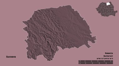 Romanya 'nın Suceava ilçesinin başkenti sağlam bir zemin üzerinde izole edilmiştir. Uzaklık ölçeği, bölge önizlemesi ve etiketleri. Renkli yükseklik haritası. 3B görüntüleme