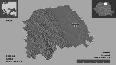 Suceava, Romanya 'nın başkenti ve başkenti. Uzaklık ölçeği, ön gösterimler ve etiketler. Çift seviyeli yükseklik haritası. 3B görüntüleme