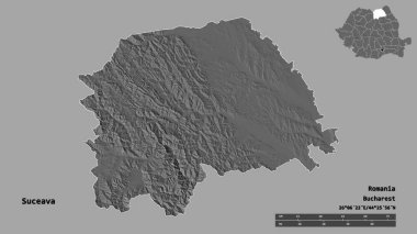 Romanya 'nın Suceava ilçesinin başkenti sağlam bir zemin üzerinde izole edilmiştir. Uzaklık ölçeği, bölge önizlemesi ve etiketleri. Çift seviyeli yükseklik haritası. 3B görüntüleme