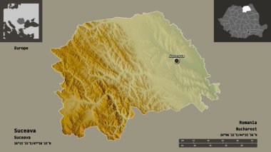 Suceava, Romanya 'nın başkenti ve başkenti. Uzaklık ölçeği, ön gösterimler ve etiketler. Topografik yardım haritası. 3B görüntüleme