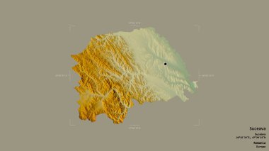 Romanya 'nın Suceava ilçesi, jeoreferatlı bir sınır kutusunun sağlam bir arka planında izole edilmiş. Etiketler. Topografik yardım haritası. 3B görüntüleme